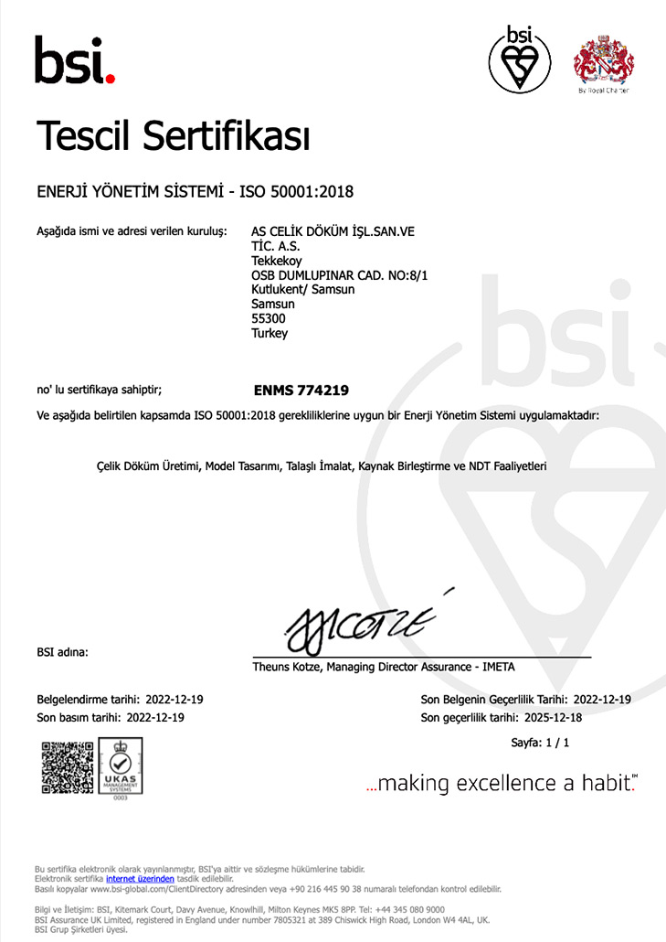 Asçelik BSI ISO50001 Belgesi